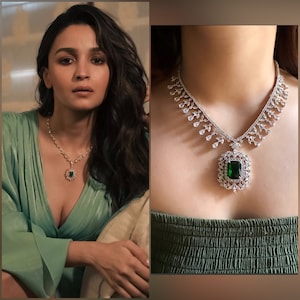 Alia Bhatt inspired Emerald Green Doublet Pendant set , Zirconium Faux Diamond, Silver plated ,American diamond,Indian jewellery , prom