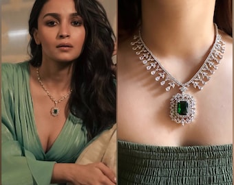 Alia Bhatt inspired Emerald Green Doublet Pendant set , Zirconium Faux Diamond, Silver plated ,American diamond,Indian jewellery , prom