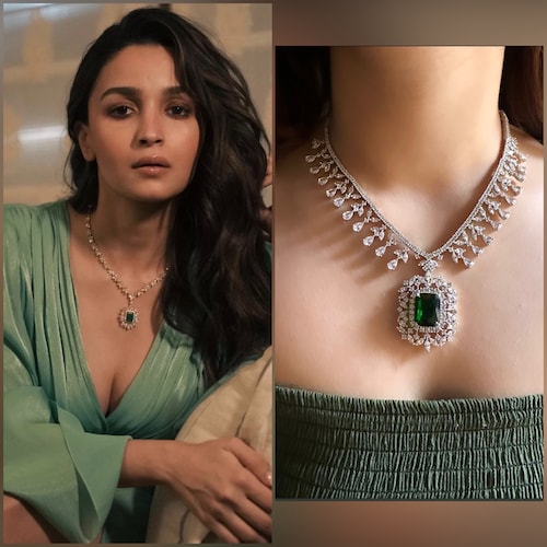 Parure de pendentifs vert émeraude inspirés d'Alia Bhatt, faux diamant en zirconium, plaqué argent, diamant américain, bijoux indiens, bal de promo