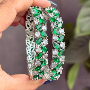BAANI Emerald green American diamond bangle set, AD bangle set of 2 zircon bangles,Indian pakistani bridal jewellery, green colour bangles