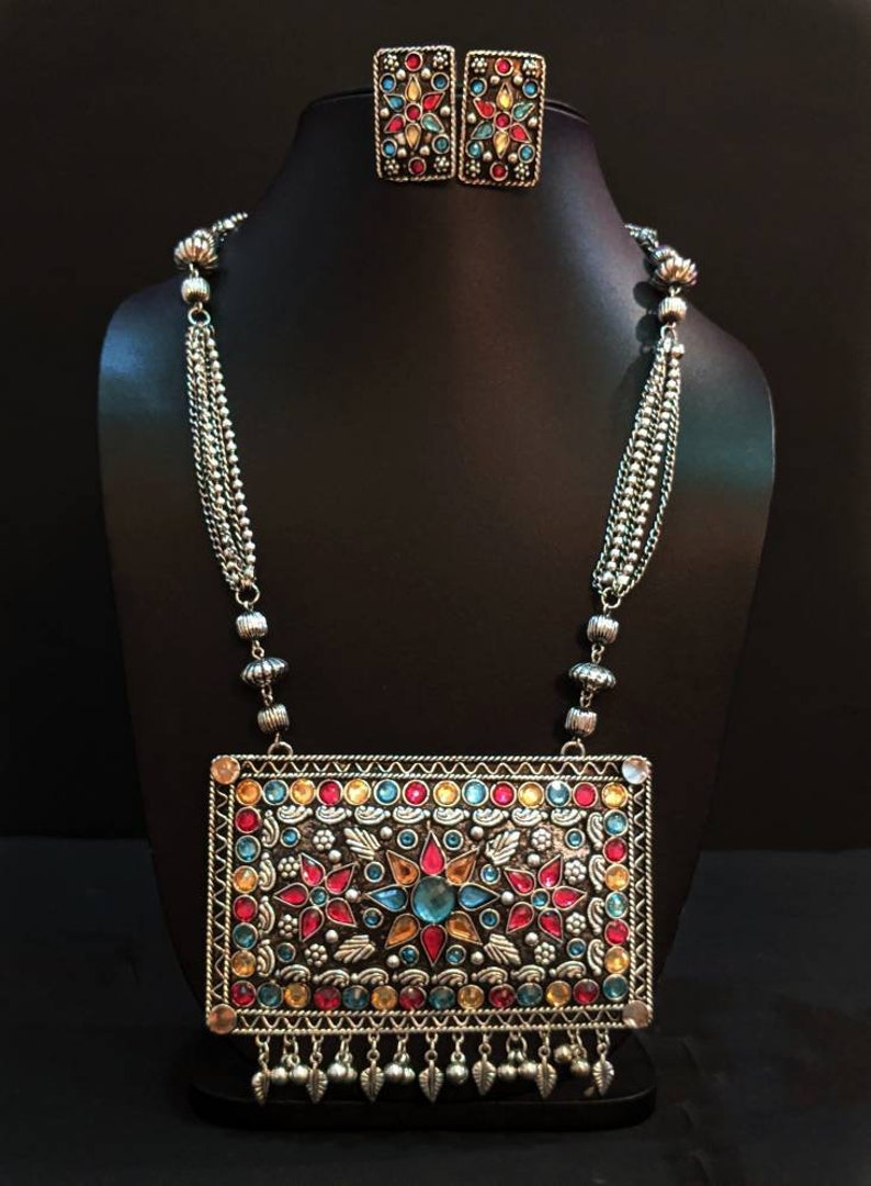 high quality handmade Afghani Jewelery German Silver boho Jewelery,tribal necklace glass stones Afghani necklace and earrings
