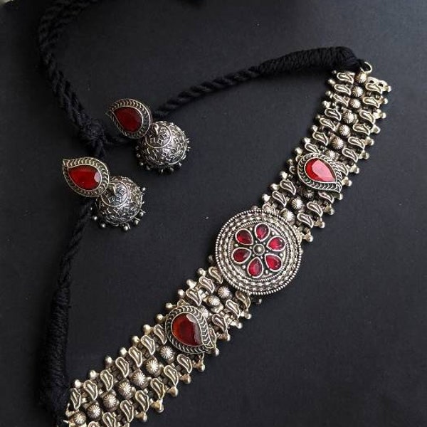 High quality German Silver stone choker ,jhumkas, handmade,real silver look, Indian Jewelery, traditional jewellery, ethnic