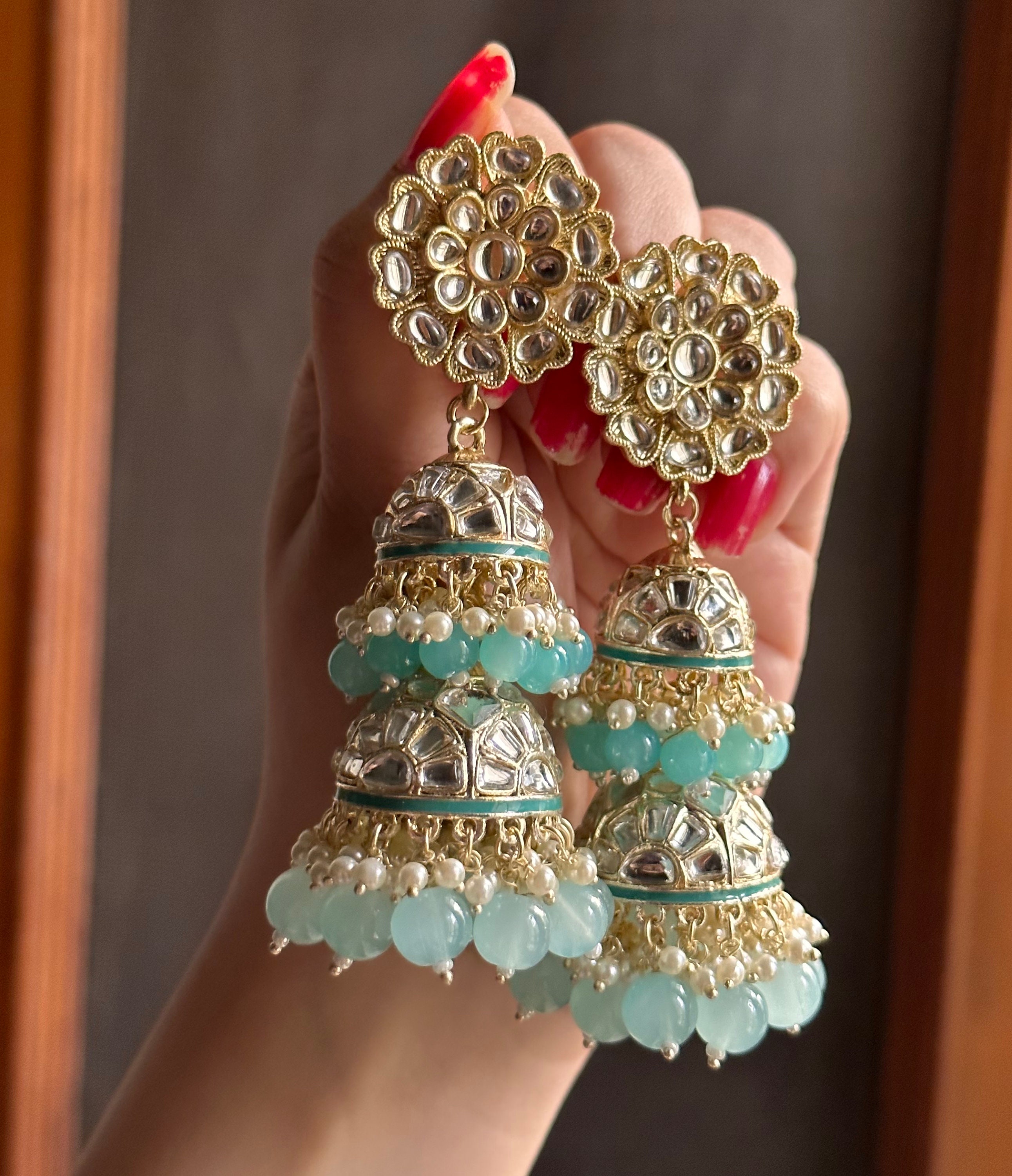 Double Jhumka Blue Earrings Kundan jhumkas Indian festival jewellery Pakistani wedding bridesmaid outfit big statement jewelry