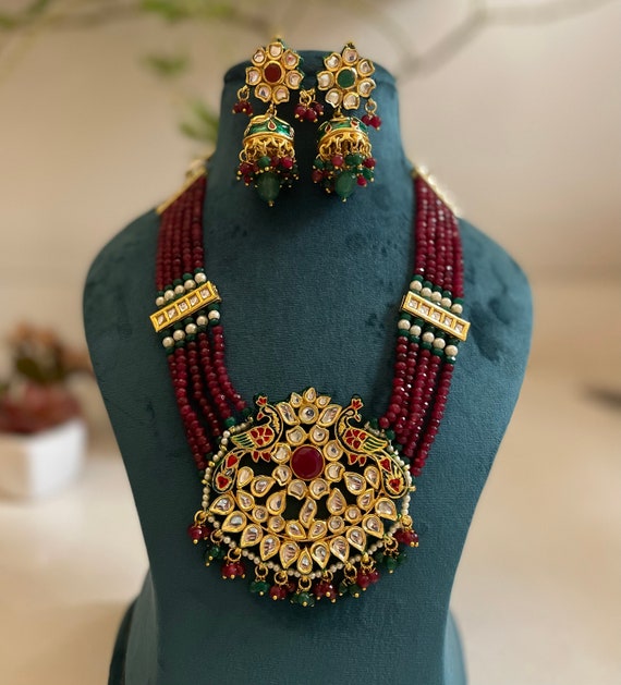 Makarakundanalu - 22K Gold Hoop Earrings with Ruby , Emerald , Beads &  Pearls - 235-GER11037 in 14.150 Grams