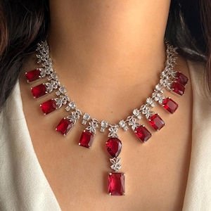 FIZA Diamond look Ruby Red Necklace set/Indian Bridal jewellery/Cz Necklace and earrings/ prom engagement reception jewelry