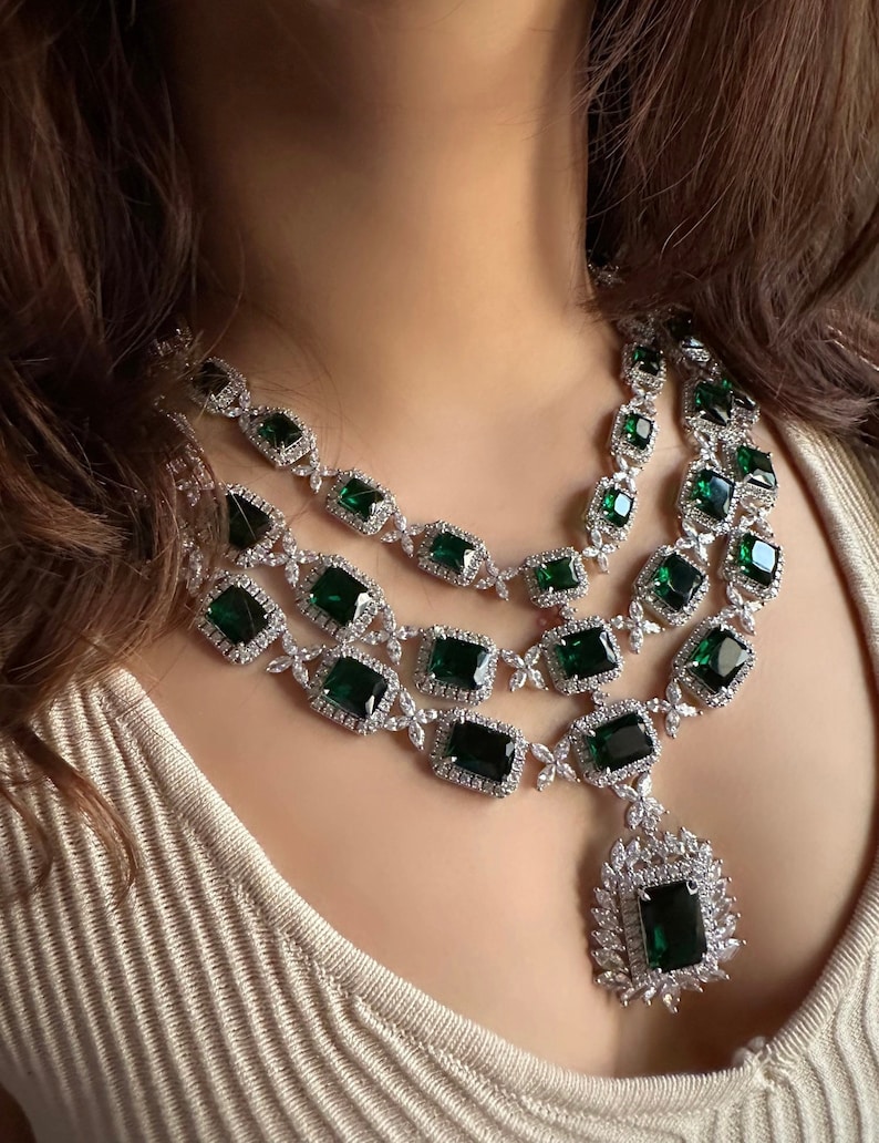 Three layer Emerald Green Faux Diamond High Quality Necklace set Indian Bridal wedding jewellery American diamond Multilayered cz Zircon image 1