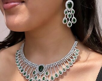 High quality Emerald Green American Diamond  Quality necklace Choker set bridal wedding jewelry,Indian ring ceremony jewellery,zircon cz