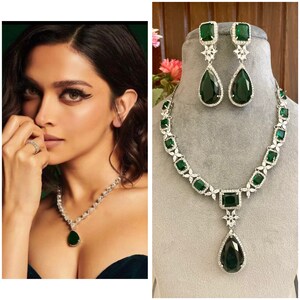 Deepika Padukone inspired pendant set,bollywood jewellery, zircon,high quality,American diamond, emerald green, dark green wedding jewellery