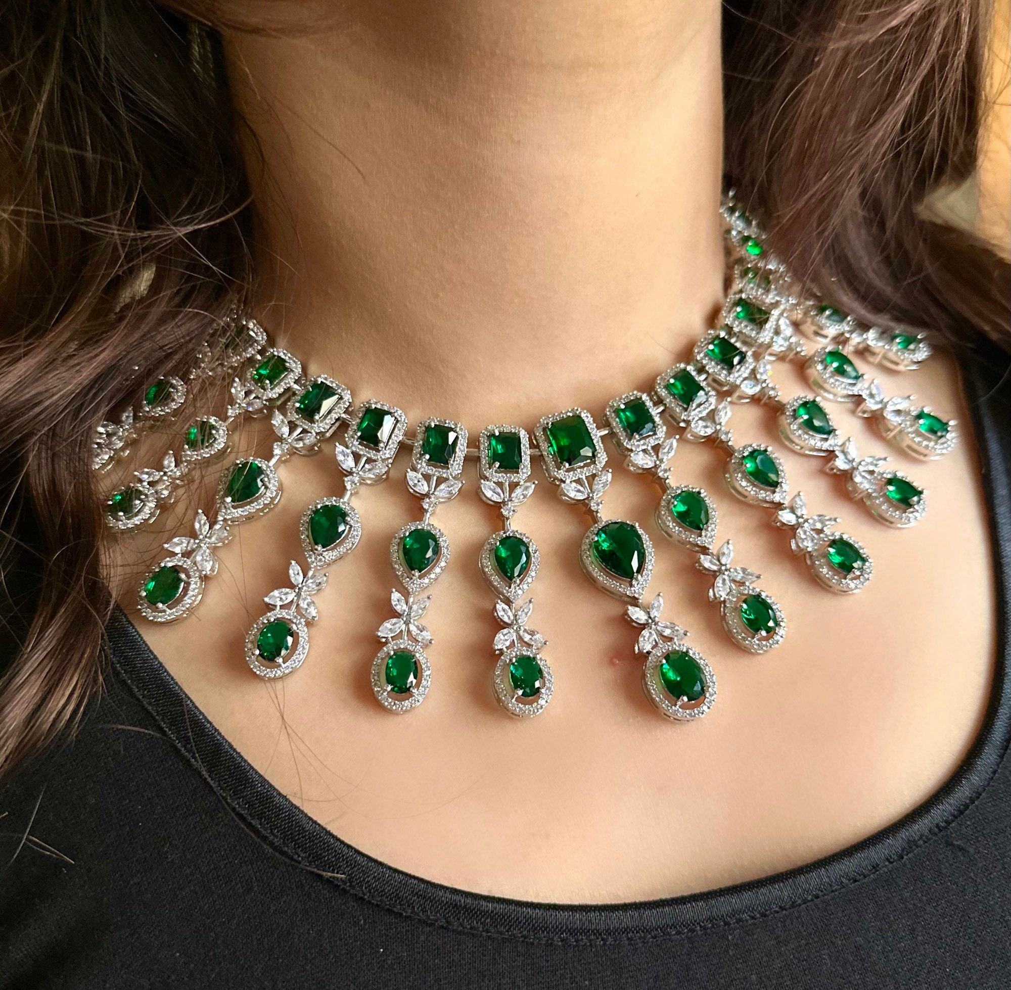 Indian Bridal Emerald Green Diamond Replica Necklace Set With - Etsy