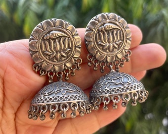 Silver look alike jhumkas, indian traditional Jewelery ,brass jhumkas,German silver ,traditional ethnic, oxidised earrings, lotus jhumkas