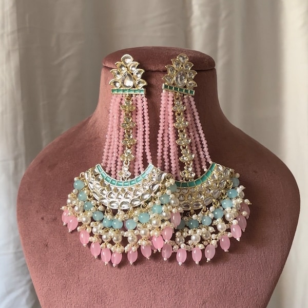 Royal Light Pink Blue Kundan Earrings Pakistani Jewellery Bollywood Fashion Punjabi Attire Party Wear Ethnic Style Long Chandbali