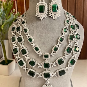 Three layer Emerald Green Faux Diamond High Quality Necklace set Indian Bridal wedding jewellery American diamond Multilayered cz Zircon image 6