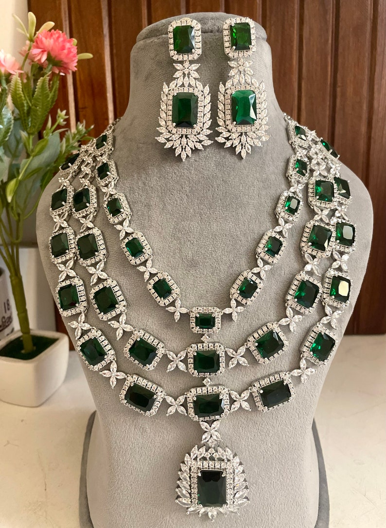 Three layer Emerald Green Faux Diamond High Quality Necklace set Indian Bridal wedding jewellery American diamond Multilayered cz Zircon image 6