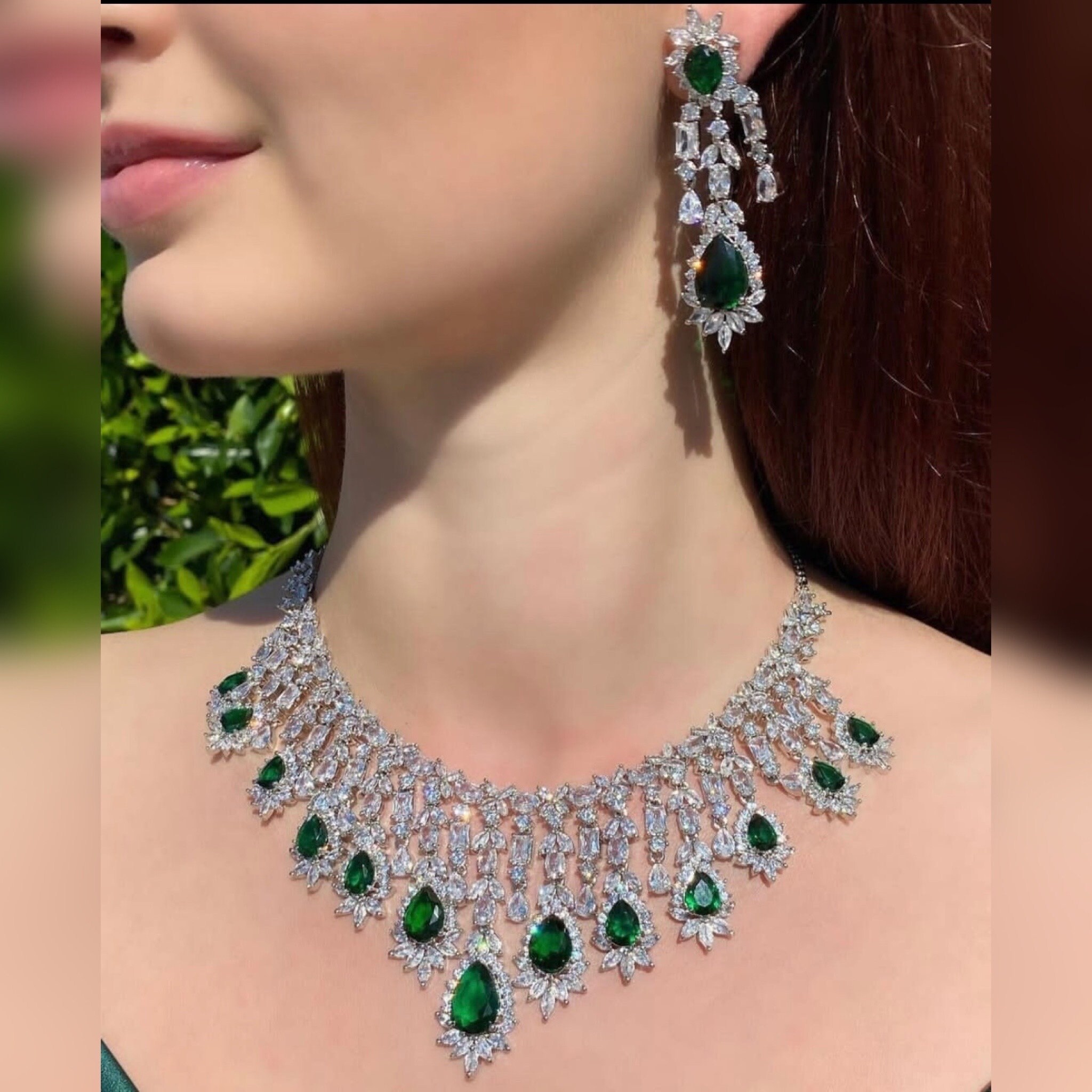 Emerald Green American Diamond Necklace set,Indian Bridal 