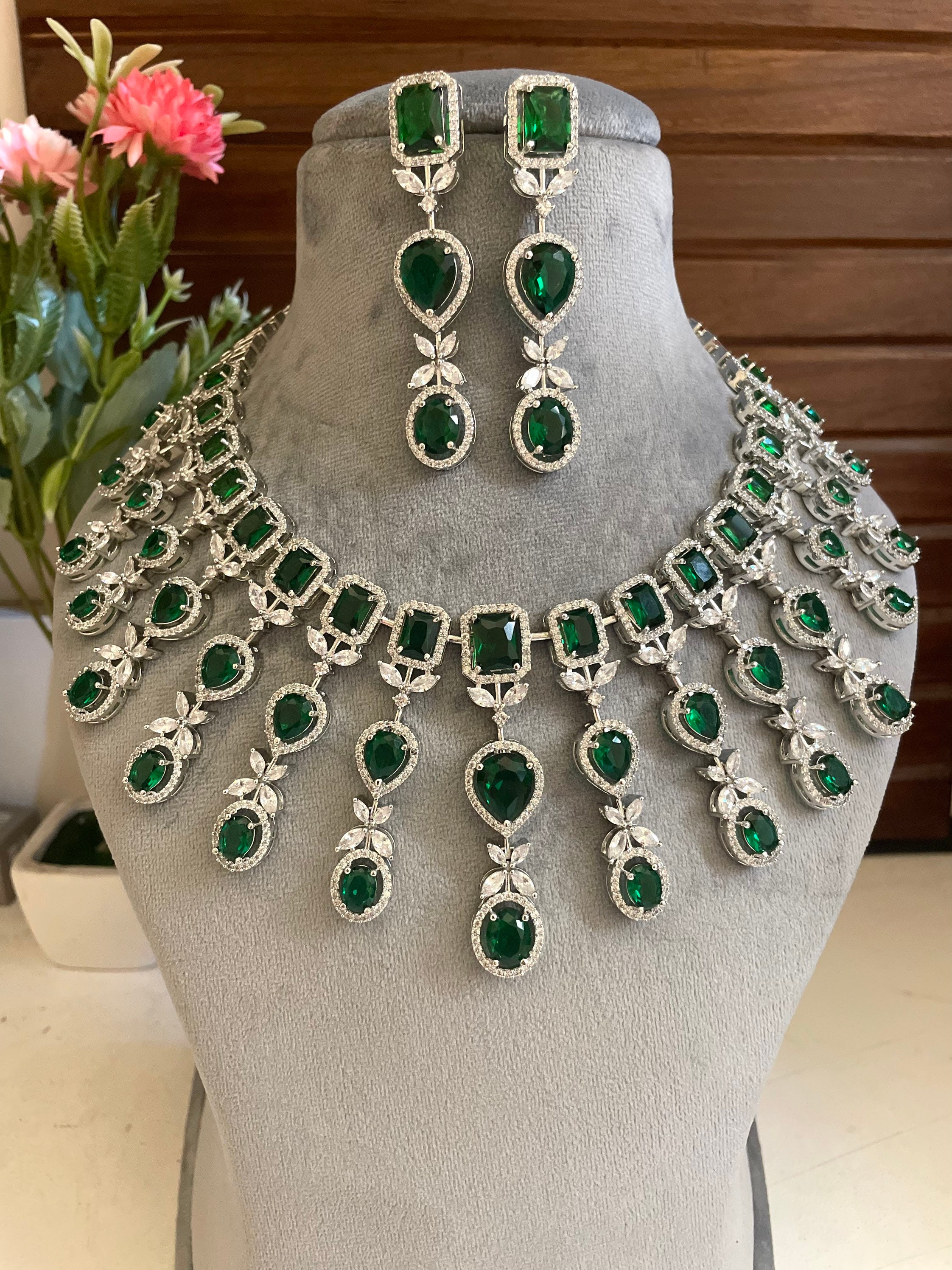Indian Bridal Emerald Green Diamond Replica Necklace Set With - Etsy