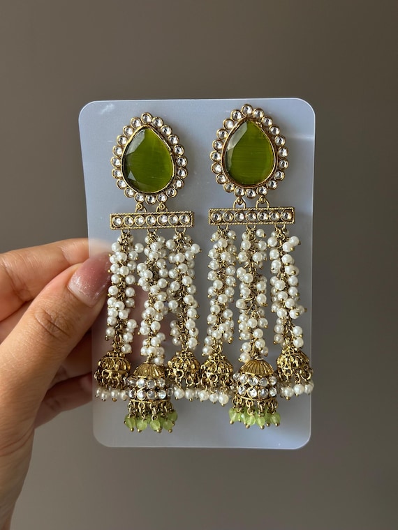 Royal Olive Green Gold Kundan Earrings Pakistani Jewellery