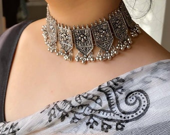 KALKI German silver choker set,handmade jewelry,indian oxidised Jewelery,ethnic traditional, boho tribal choker and earrings