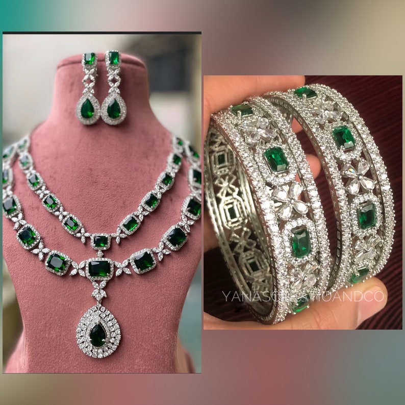 White tone Emerald Green Faux Diamond Necklace set, Indian Bridal jewellery, American diamond, CZ Zircon,AD , Dark Green,Diamond replica image 5