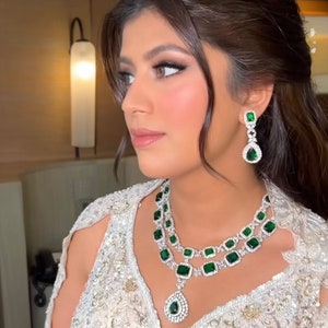 White tone Emerald Green Faux Diamond Necklace set, Indian Bridal jewellery, American diamond, CZ Zircon,AD , Dark Green,Diamond replica image 3