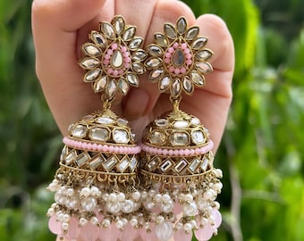 Licht pastel roze Kundan Jhumkas / Indiase statement oorbellen voor bruiloft, festival, Diwali / Pakistaanse sieraden etnische outfit