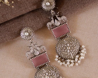 Pink stone Silver Ethnic earrings long ambi design / Pakistani jewellery wedding function indian jewelry casual jhumkas german silver