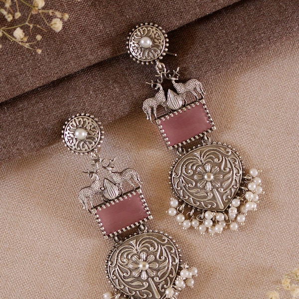 Pink stone Silver Ethnic earrings long ambi design / Pakistani jewellery wedding function indian jewelry casual jhumkas german silver