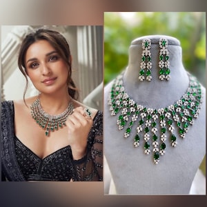 Parineeti inspired Green Faux Diamond High Quality Necklace set,Indian Bridal jewellery,Cz necklace earrings,anniversary,reception jewellery