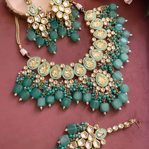 Sabyasachi Inspired mint green blue Kundan choker necklace set with earrings and maang tikka, punjabi, bridal pakistani wedding jewellery,