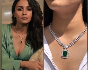 Parure de pendentifs Doublet avec diamants américains inspirés d'Alia Bhatt, Vert émeraude, rubis, bleu saphir, pendentif Cz, plaqué argent, bijoux indiens, bal de promo