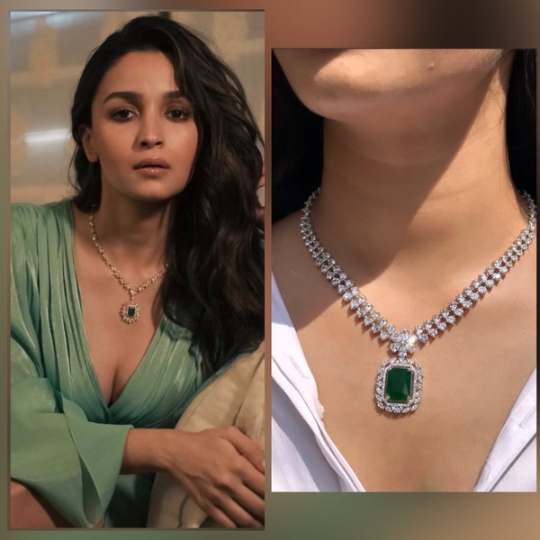 Alia Bhatt inspired American diamond Doublet Pendant set ,Emerald green, Ruby,Sapphire Blue,Cz pendant ,Silver plated,Indian jewellery,prom
