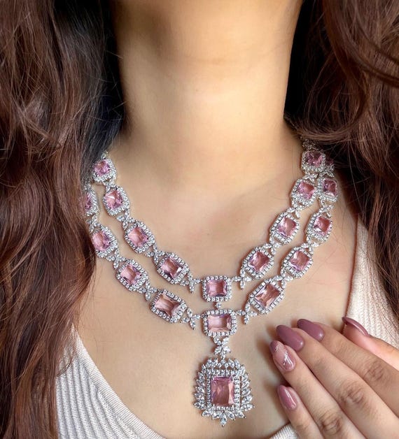 Two Layer Pink Colour American Diamond High Quality Necklace Set