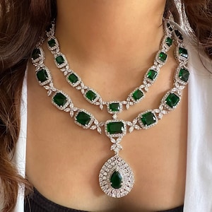 White tone Emerald Green Faux Diamond Necklace set, Indian Bridal jewellery, American diamond, CZ Zircon,AD , Dark Green,Diamond replica image 1