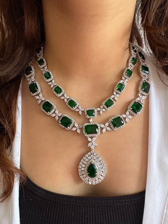White Tone Emerald Green Faux Diamond Necklace Set Indian Bridal