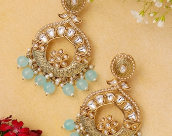 Sky Blue Kundan Bollywood Chandbali Earrings/ Meenakari work/ Ethnic Jewellery Statement Indian Punjabi Jewelry/ Pakistani/ Wedding jeweller