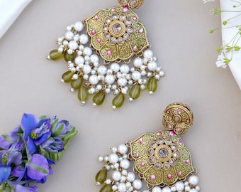 Pendientes verde oliva con tachuelas Polki y Kundan, chandbalis, joyería india, punjabi, tradicional, paquistaní, joyería de boda, verde mehendi