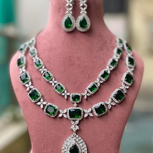 White Tone Emerald Green Faux Diamond Necklace Set, Indian Bridal ...