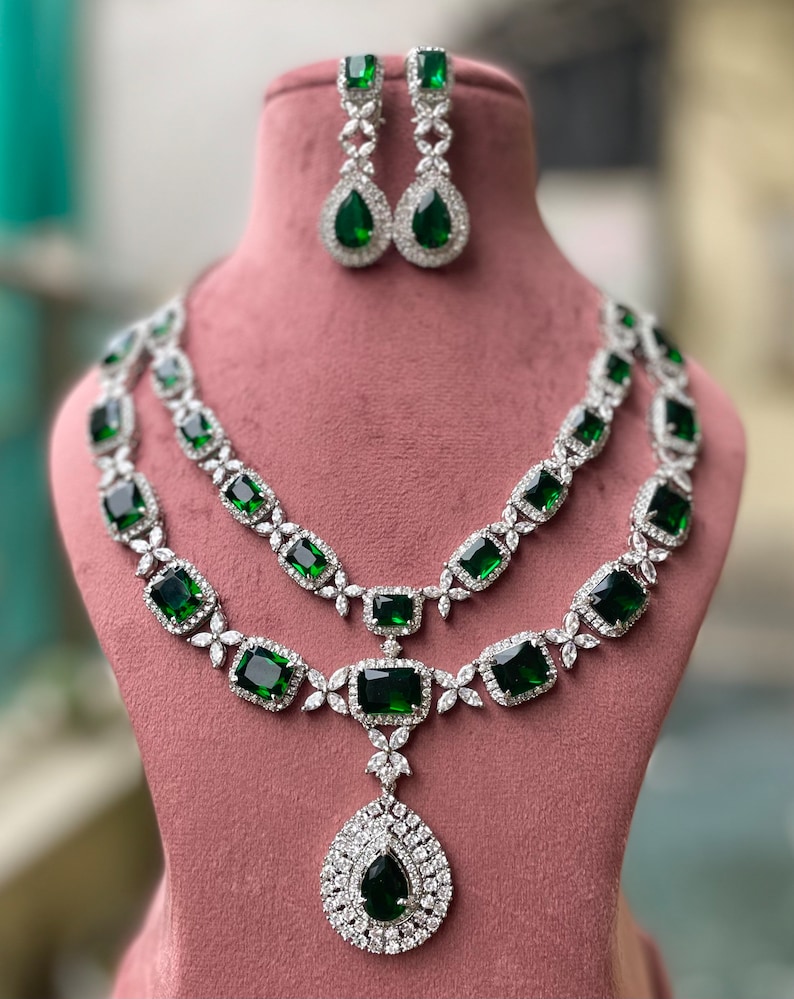 White tone Emerald Green Faux Diamond Necklace set, Indian Bridal jewellery, American diamond, CZ Zircon,AD , Dark Green,Diamond replica Necklace Set