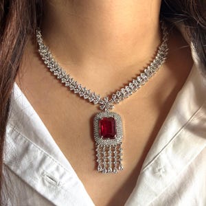 LORNA Ruby red colour diamond look pendant necklace set /Indian Wedding jewellery/Cz prom jewelry/ red and silver necklace earrings/
