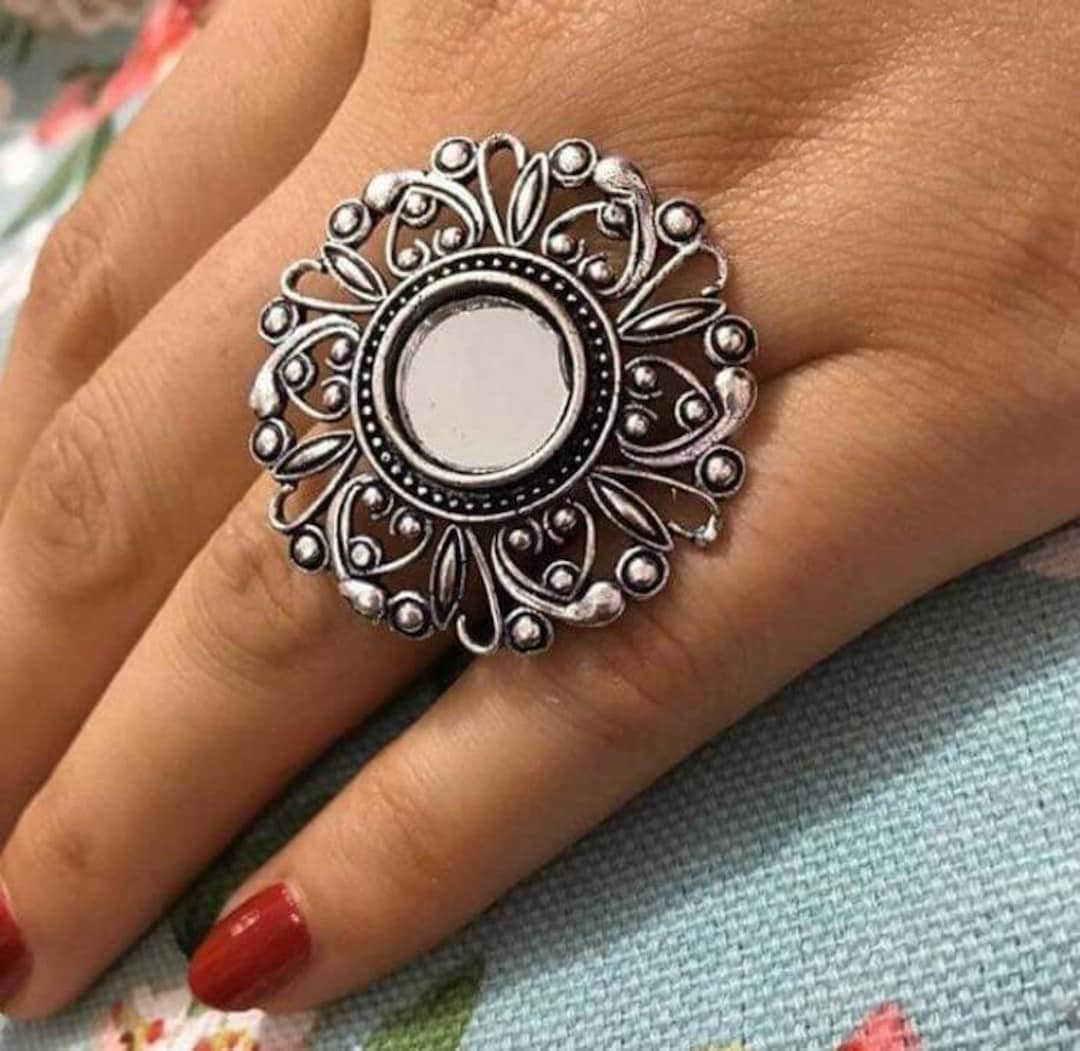 Mirror Ring, Afghani Ring, Adjustable , German Silver,oxidised,boho