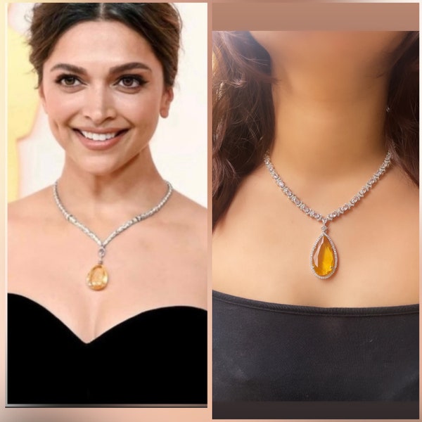 Parure Deepika Padukone Oscar, parure, bijoux bollywood, oxydes de zirconium, diamant américain, jaune foncé, bijoux de mariage, vert menthe bleu vert