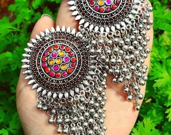 Afghani jewellery,stone studded earrings, Afghani earrings, German silver