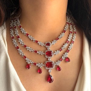 DIYA Three layer Diamond look Ruby Red Necklace set/Indian Bridal jewellery/Cz Necklace and earrings/ prom engagement reception jewelry