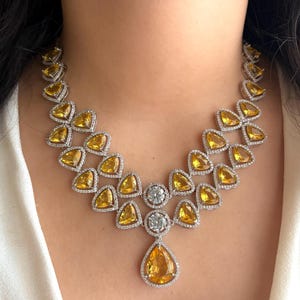 ERYN Yellow Sapphire Necklace earrings/ Wedding jewellery/ Diamond Replica/American Diamond cz zircon jewelry yellow prom jewelry