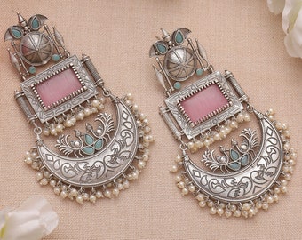 Statement Pink Blue Dangler Earrings / Silver Replica Chandbali / Long earring Indian jewellery Pakistani wedding outfit festive wear