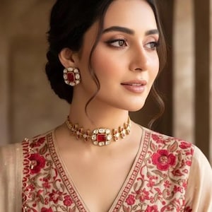 May include: A woman wearing a gold-toned necklace and matching earrings, each featuring a large, square, red gemstone. The necklace and earrings are set with smaller, clear stones. The woman is wearing a beige top with red floral embroidery.