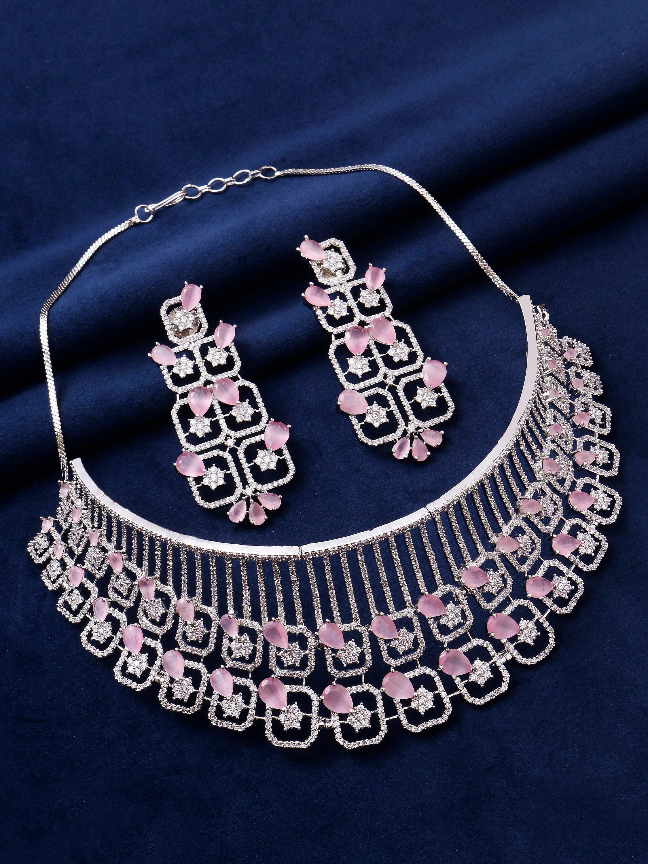 Pink American Diamond Necklace set with Earrings - Wedding Gift - Avra Pink  Necklace Set by Blingvine