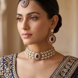 Conjunto de collar gargantilla réplica de moissanita y Kundan de estilo victoriano de REET, en azul marino y rojo rubí, con maangtika, joyería para bodas indias.