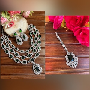Three layer Emerald Green Faux Diamond High Quality Necklace set Indian Bridal wedding jewellery American diamond Multilayered cz Zircon Set+ Maangtika