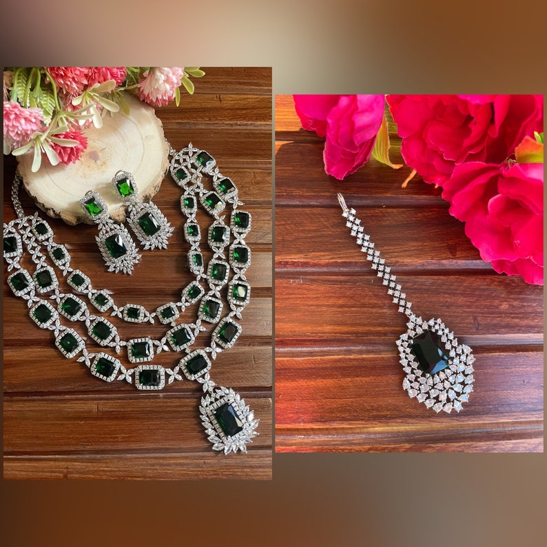 Three layer Emerald Green Faux Diamond High Quality Necklace set Indian Bridal wedding jewellery American diamond Multilayered cz Zircon Set+ Maangtika