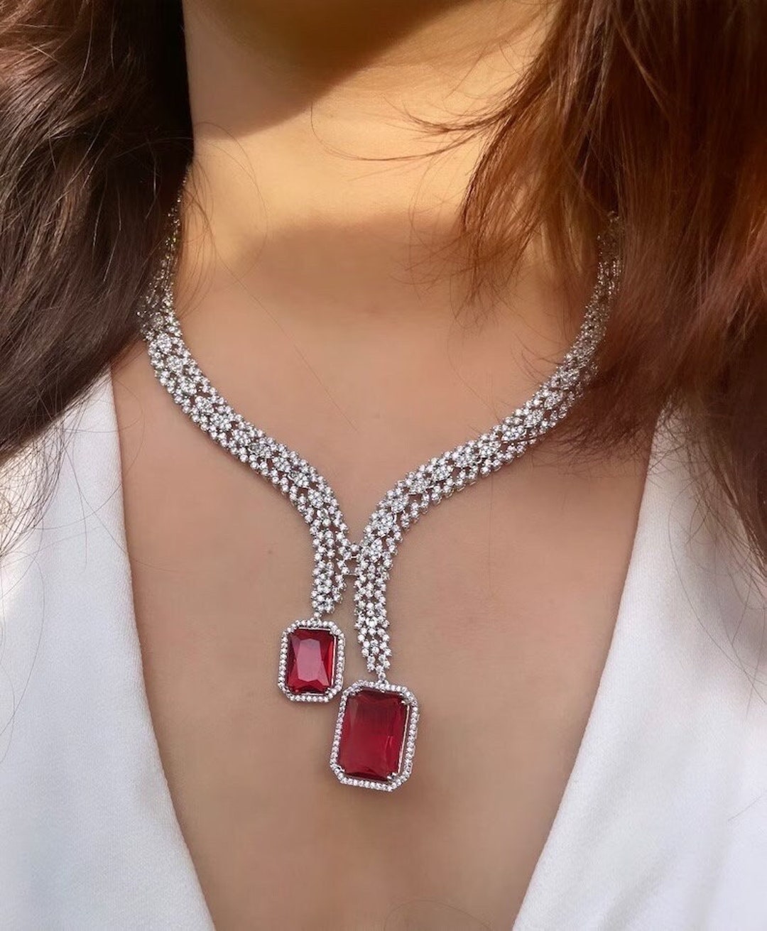 Stylish Red Ruby Sapphire American Diamond Necklace Set, Indian